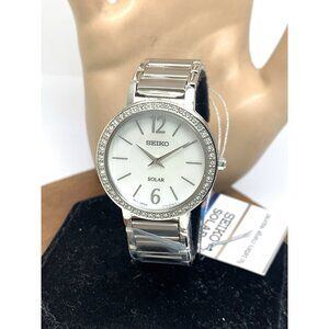 Seiko Women's Watch SUP467 Solar Mother of Pearl Dial Gemmed Silver Steel 30mm